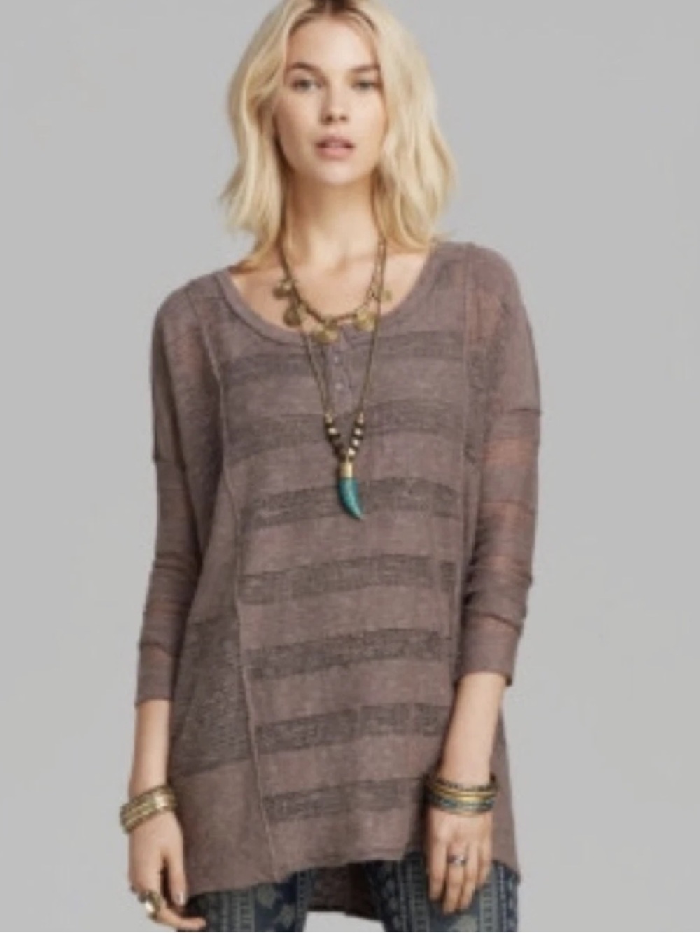 Free People Wild Horses Brown Henley Tunic Top